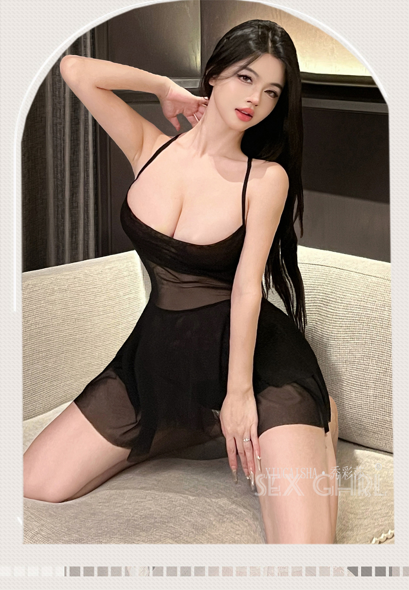 Sheer Mesh Lace-Up Babydoll Set with Backless Design, Black, One Size — detail image 33
