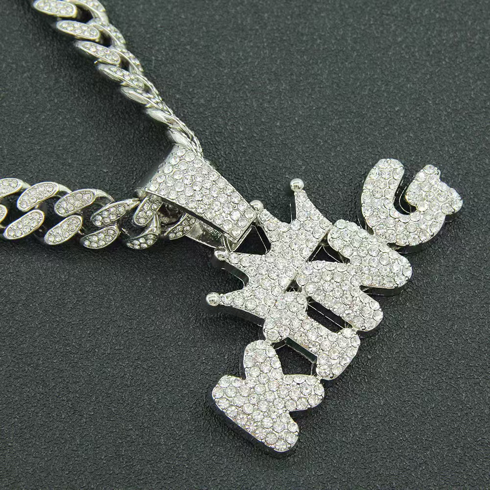 Pendentif KING en diamants serti sur une chaîne cubaine, style hip-hop européen-américain, pour homme et femme. Bijou unisexe._voghion.com