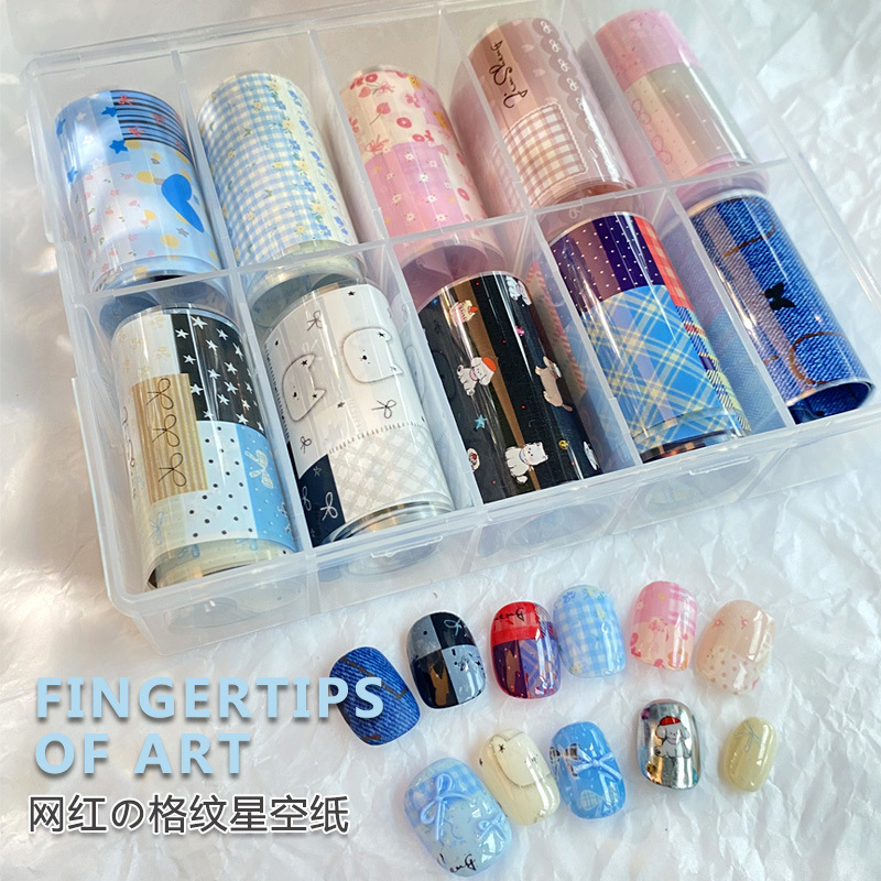 New Style Han Feng Ins Plaid Bow Floral Patchwork Nail Art Transfer Paper Art Elements Nail Art Star Transfer