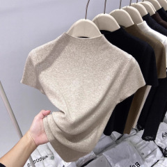 2025春季新款女装半高领短袖针织衫T恤内搭气质修身显瘦毛衣短款
