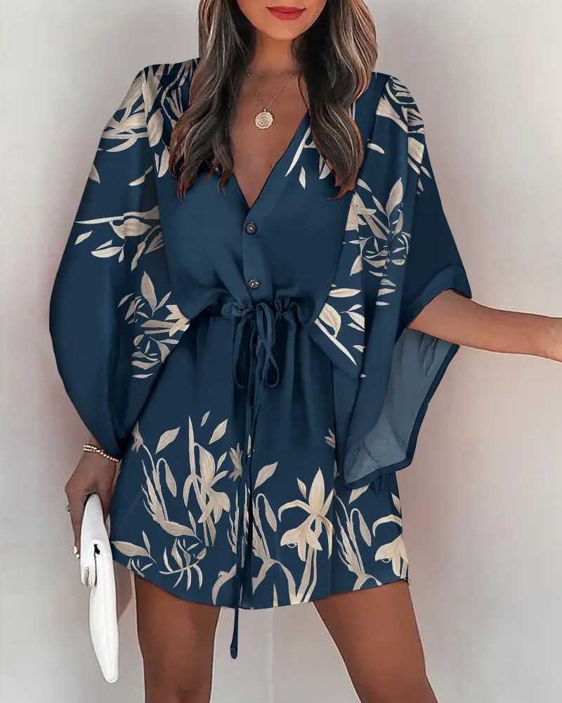 Short Sleeve Sleeve Length Wholesale Women'S Fashion Printing Plant Daily V Neck Short Sleeve Irregular Skirt