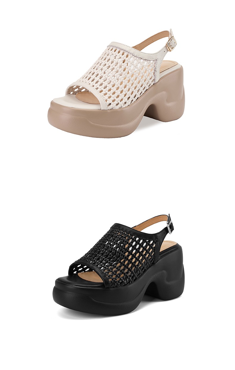 Sandal cao gót nữ mũi hở đế dày 8 cm kiểu dệt La Mã quai ngang — đen chi tiết 13