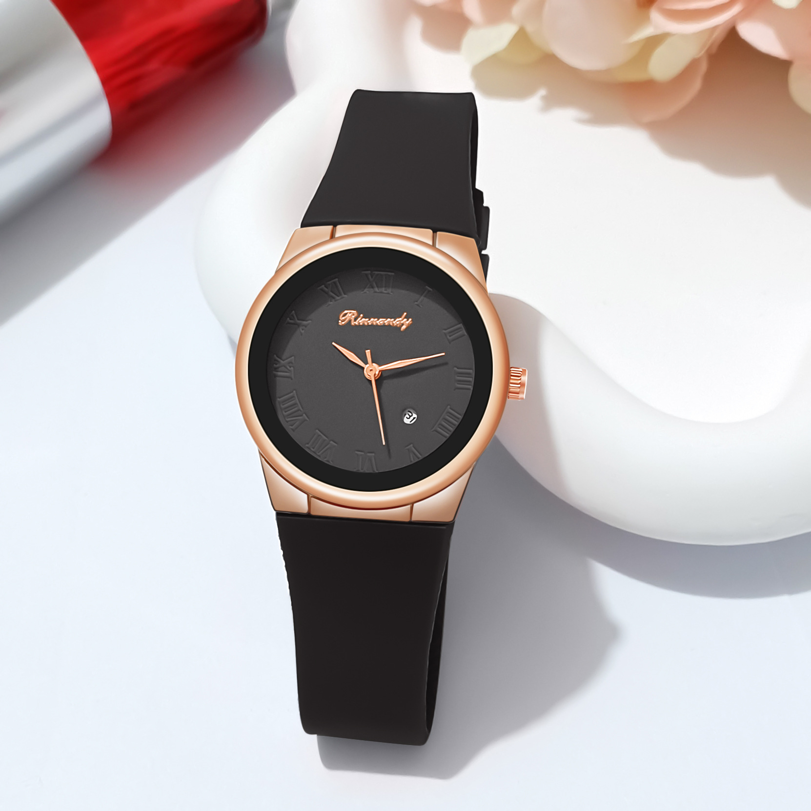 Women's Alloy Simple Niche Silicone Band Roman Numeral Women's Quartz Watch Available for Customization with Calendar Sports