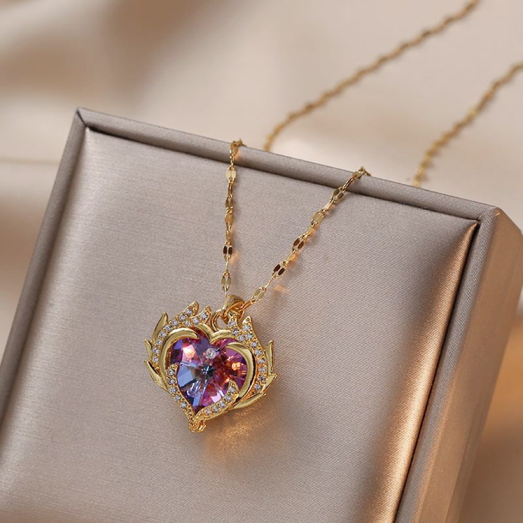 Collar de corazón de océano para mujer – colgante de cristal en forma de corazón, cadena de clavícula de acero inoxidable