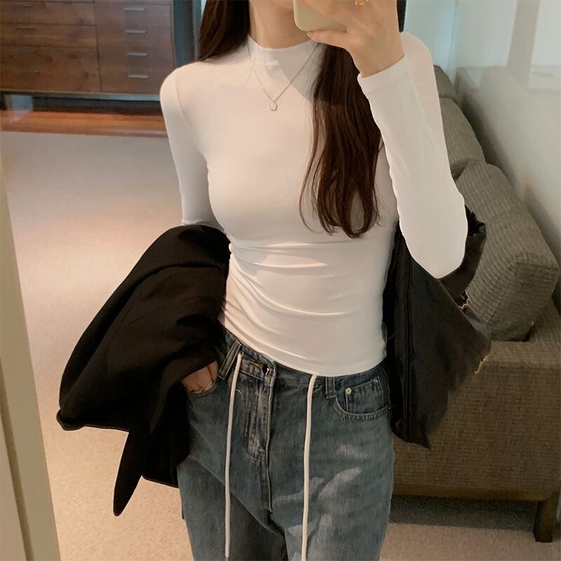 Basic Slim-Fit Long-Sleeve T-Shirt for Women, Autumn and Winter 2026 New Versatile White Base Half-High Collar Top for Women