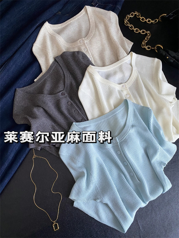 リヨセルリネン！韓国風万能ミニマリストスタイルハーフボタンラウンドネックニット半袖Tシャツ|undefined
