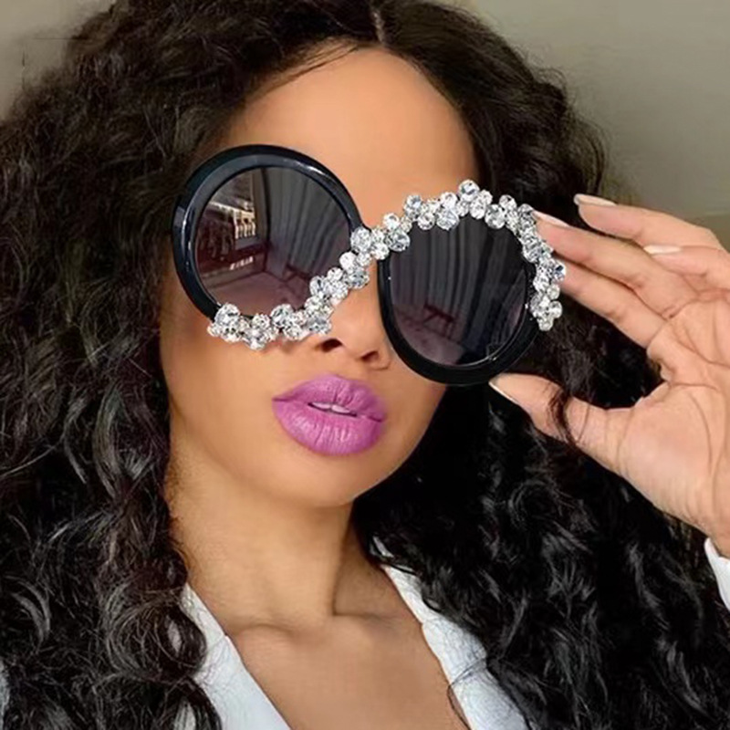 102g Weight Full Frame Glasses Structure Exaggerated Round Ac UV400 Protection Round Frame Diamond Full Frame Women's Sunglasses