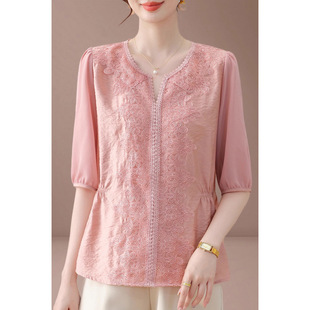 Lady's Summer Dress with Three-Quarter Sleeves Chiffon Blouse for Middle-Aged and Elderly Women's Summer Chinese Style Tops