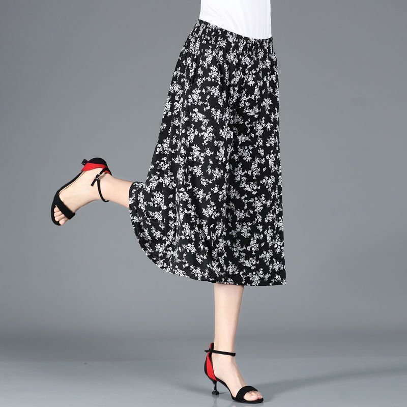 Wide-Leg Pants Skirt for Women, Ice Silk Summer Thin Style, Loose High-Waisted Slimming Casual Pants, Plus Size Printed Cropped Pants