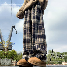加绒格子裤子女宽松直筒秋冬季2024新款休闲棉裤小个子毛呢阔腿裤