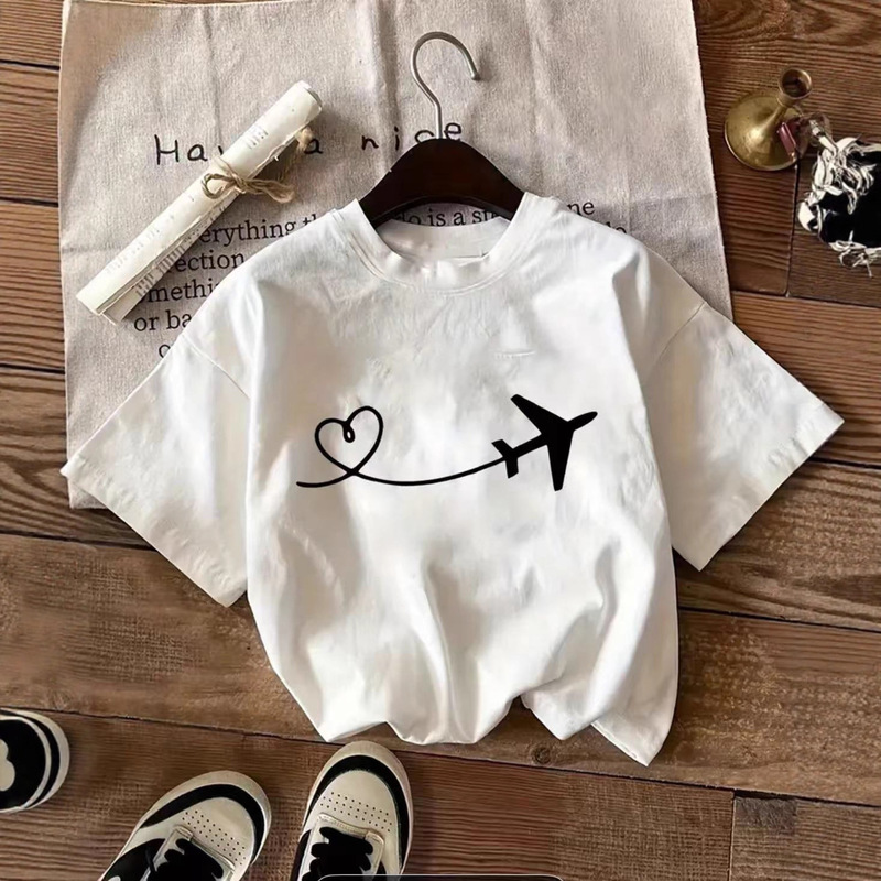 Pure Cotton Airplane Print White Short-Sleeved T-Shirt for Women Summer Loose Casual Versatile Cute Age-Reducing Top Ins