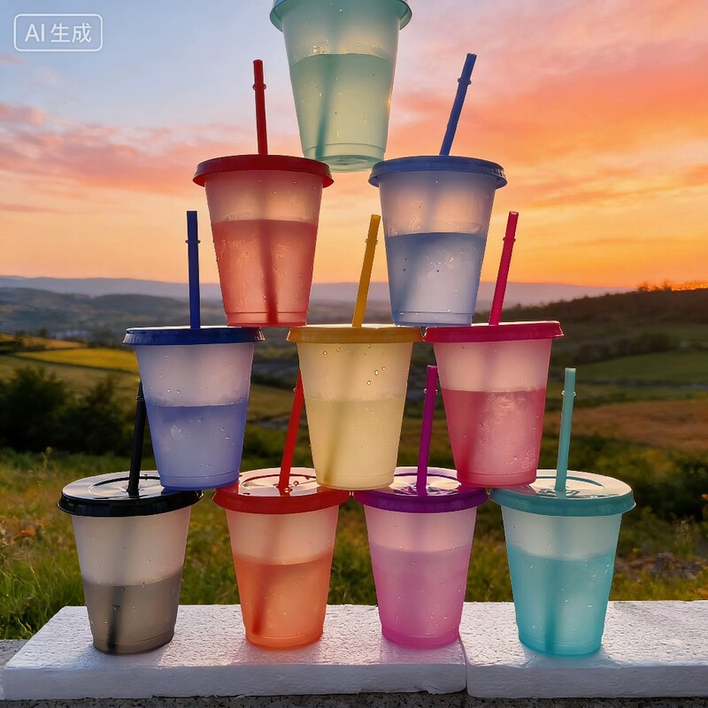 Best-Selling Temperature-Sensitive Color-Changing Cup in North America, 475ml Plastic Water Cup, 16oz Single-Layer Pp Straw Cup, Can Be Printed with Logo