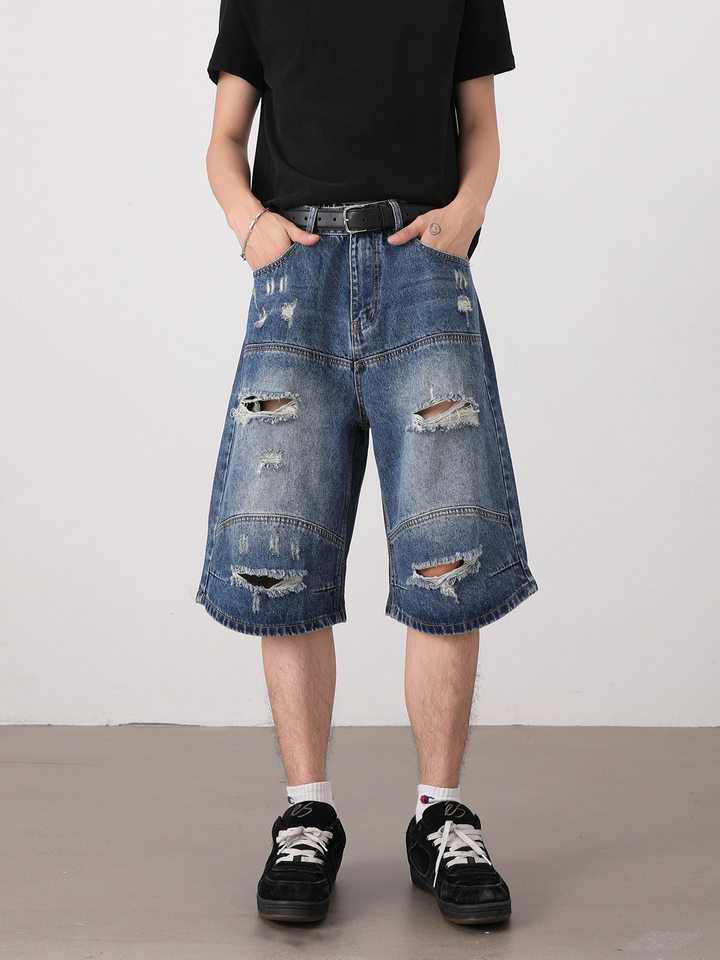 Quần short jean nam dáng rộng phong cách retro, rách giặt mài, lửng ống đứng — Màu xanh dương