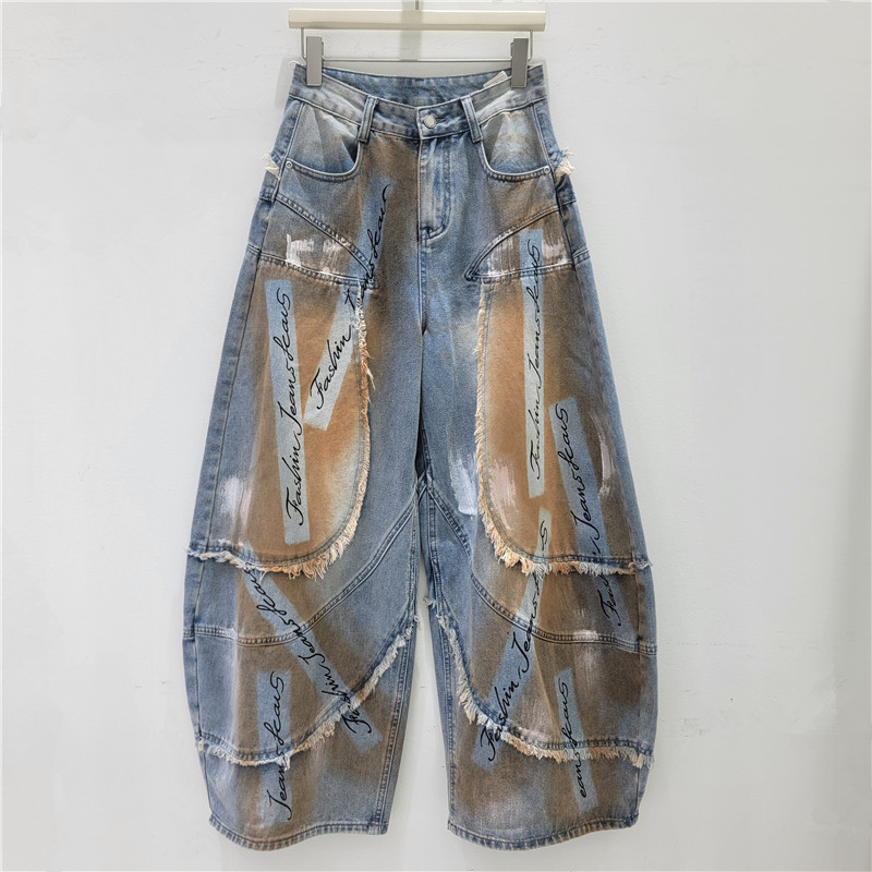 American retro washed distressed wasteland style women's jeans, street style washed distressed design, wide-leg curved hem floor-length pants
