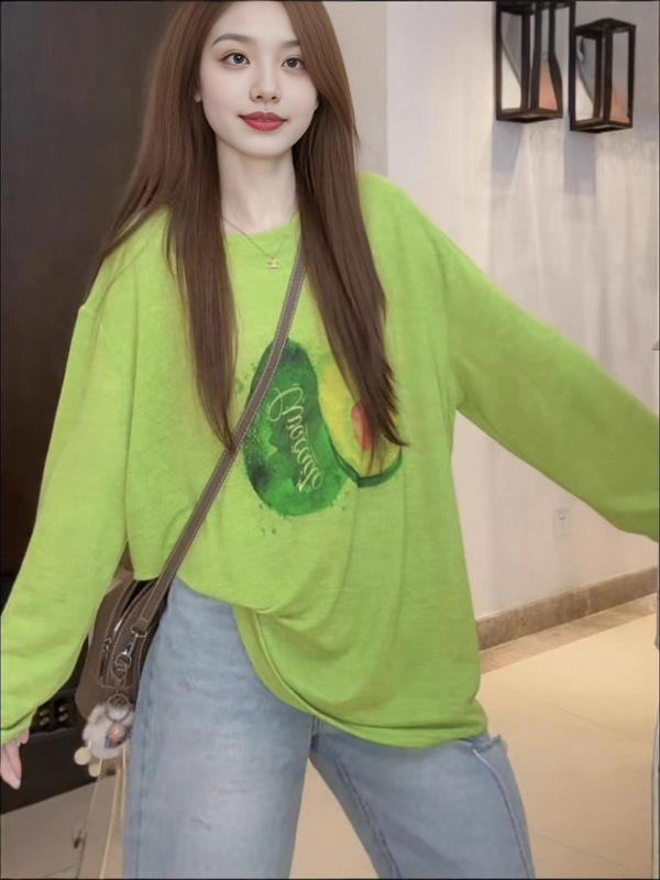 【自家工厂现货】韩系彩色印花圆领长袖t恤女夏季慵懒风百搭罩衫|undefined