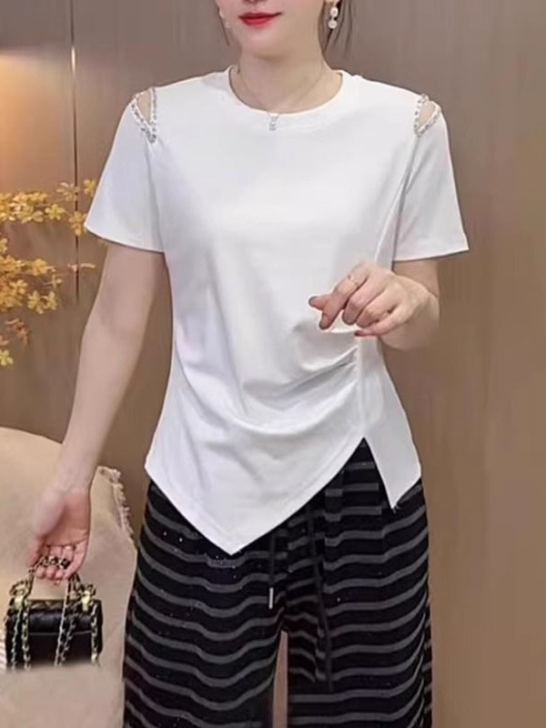 フレンチハイエンドイレギュラーオフショルダートップス夏大きいサイズファットmmシックな着用ルーズカバーTシャツ|undefined