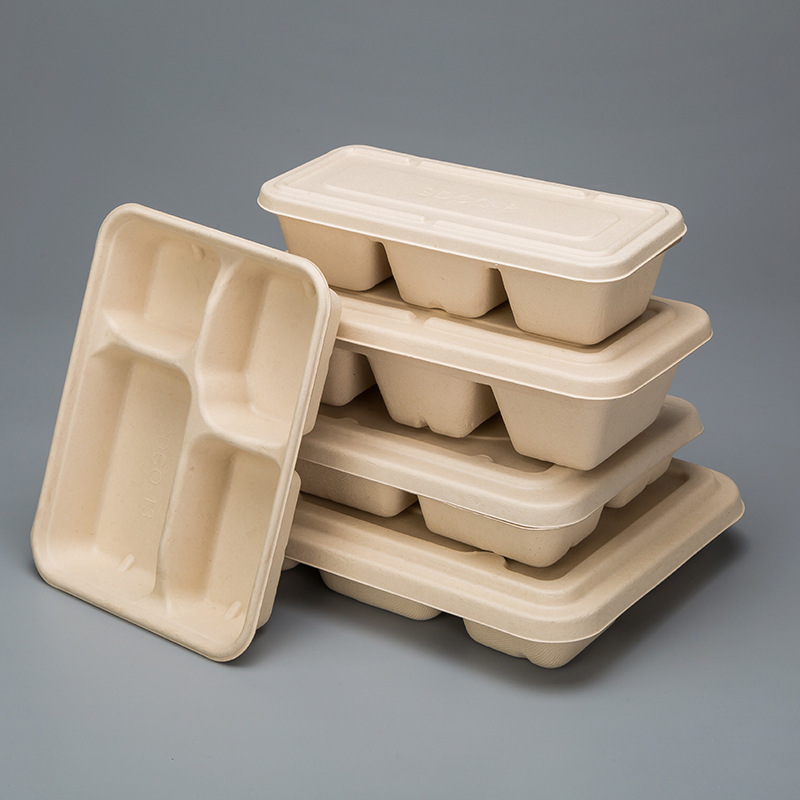 Disposable Four-Compartment Lunch Box Lunch Box 3 Compartments 4 Compartments 5 6 Compartments Takeaway Packaging Environmentally Friendly Biodegradable Pulp Tray Dinner Plate