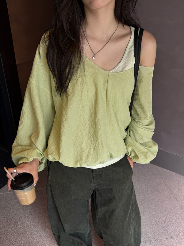 广州黄峥韩系V领设计感两件套衬衫女百搭宽松显瘦长袖上衣530805|undefined