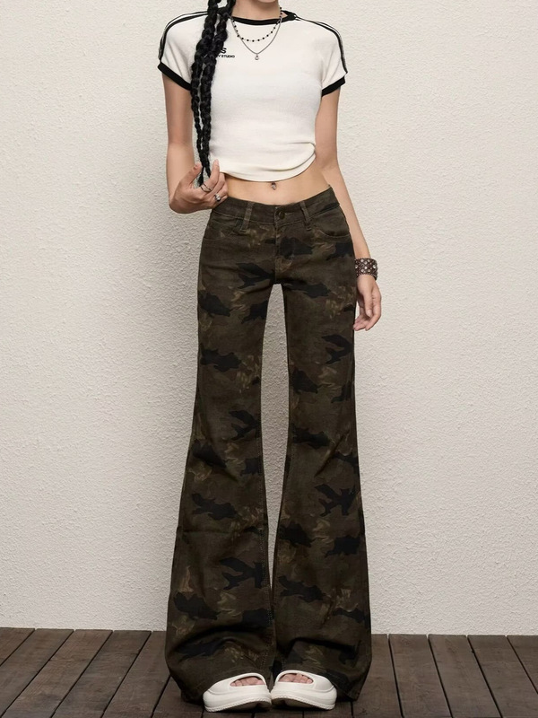 2025 春と秋の新アメリカンレトロホットガールローウエストフレアパンツスリムフィット迷彩ドレープジーンズ女性用|undefined