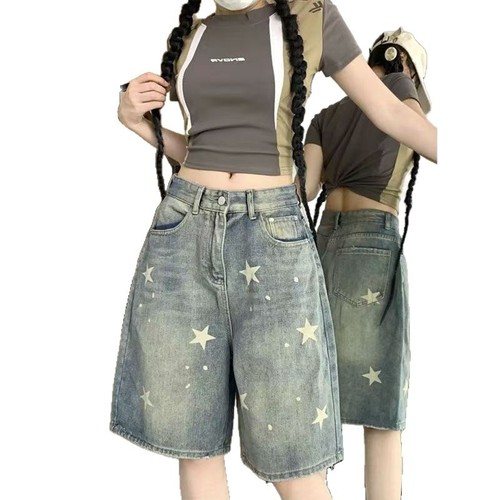 American Retro Washed Star Denim Short Pants for Women Summer Street Straight Leg Loose Slimming Wide Leg Five-Pocket Pants Trendy