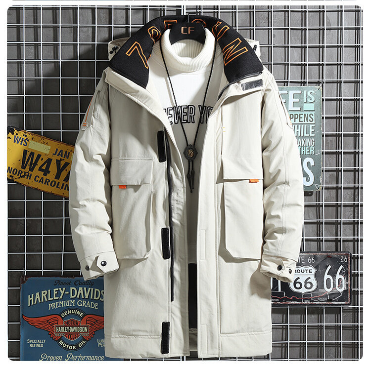 Men's Long Winter Workwear Down Jacket With Hood, Lightweight Warm Parka Coat For Cold Weather, Water-Resistant Polyester Shell, Machine Washable_voghion.com