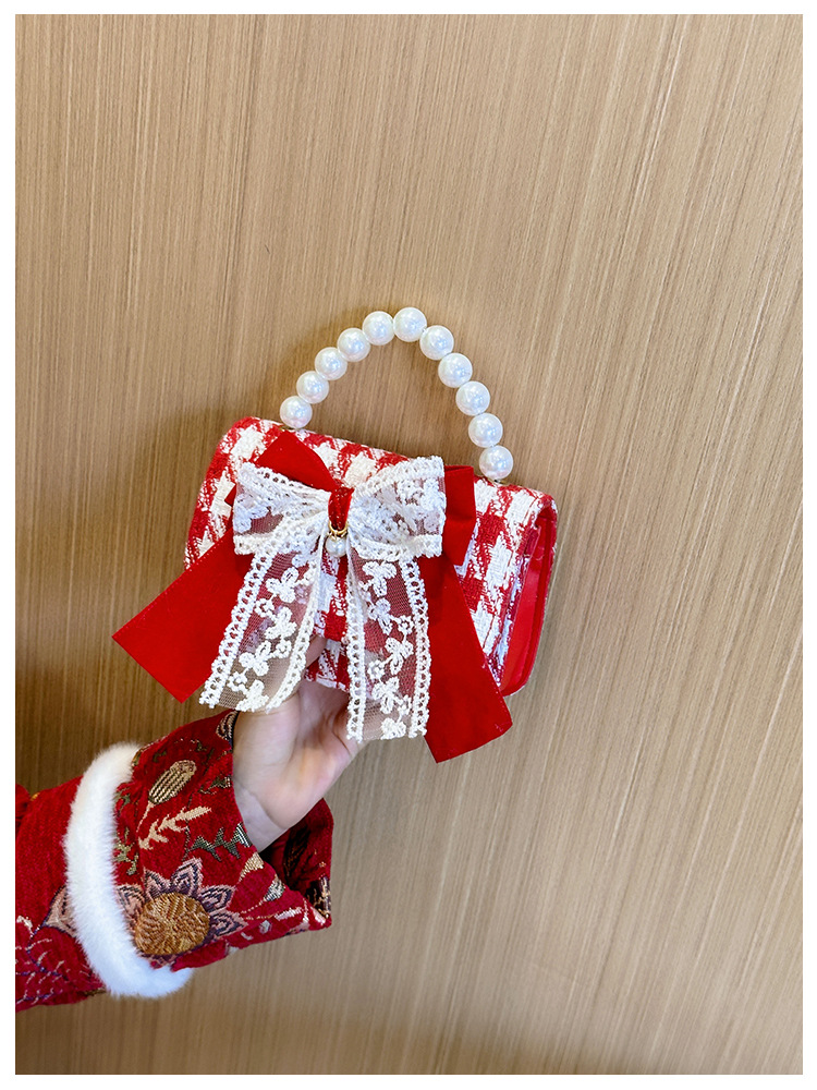 Women's Cotton And Linen Plaid Cherry Bow Knot Cute Beading Pearls Shell Flip Cover Crossbody Bag display picture 20