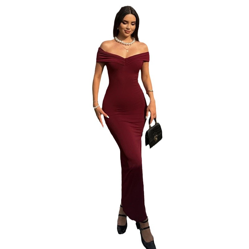 Europa y América comercio exterior ropa de mujer nuevo otoño color sólido moda sexy hombros abiertos con un cuello abierto vestido de pecho para mujeres image 6