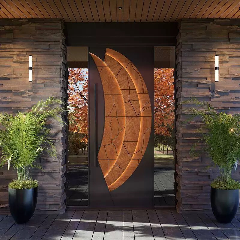 Cast Aluminum Entrance Glass Door, Villa Double-Door Wood Grain Bias-Axis Entry Door, Rural Self-Built House Courtyard Door