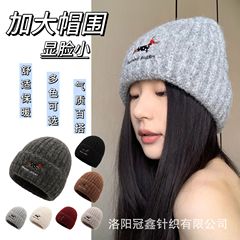 韩版新款秋冬大头围小狗刺绣冷帽子保暖显脸小护耳毛线帽女针织帽