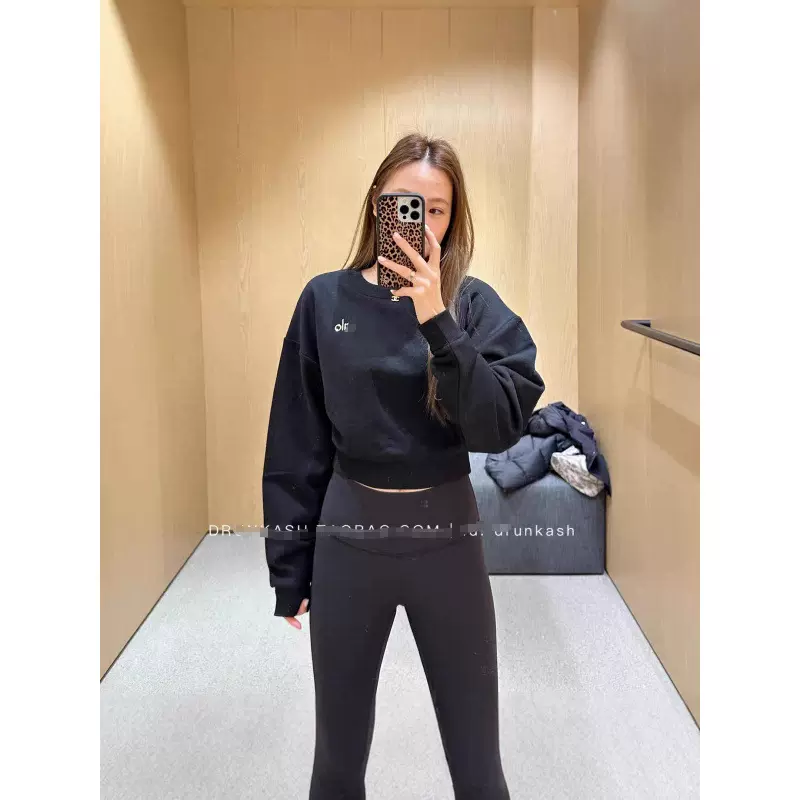 ALO秋冬新款全棉毛圈薄绒露肚脐休闲百搭运动时尚短款圆领卫衣女