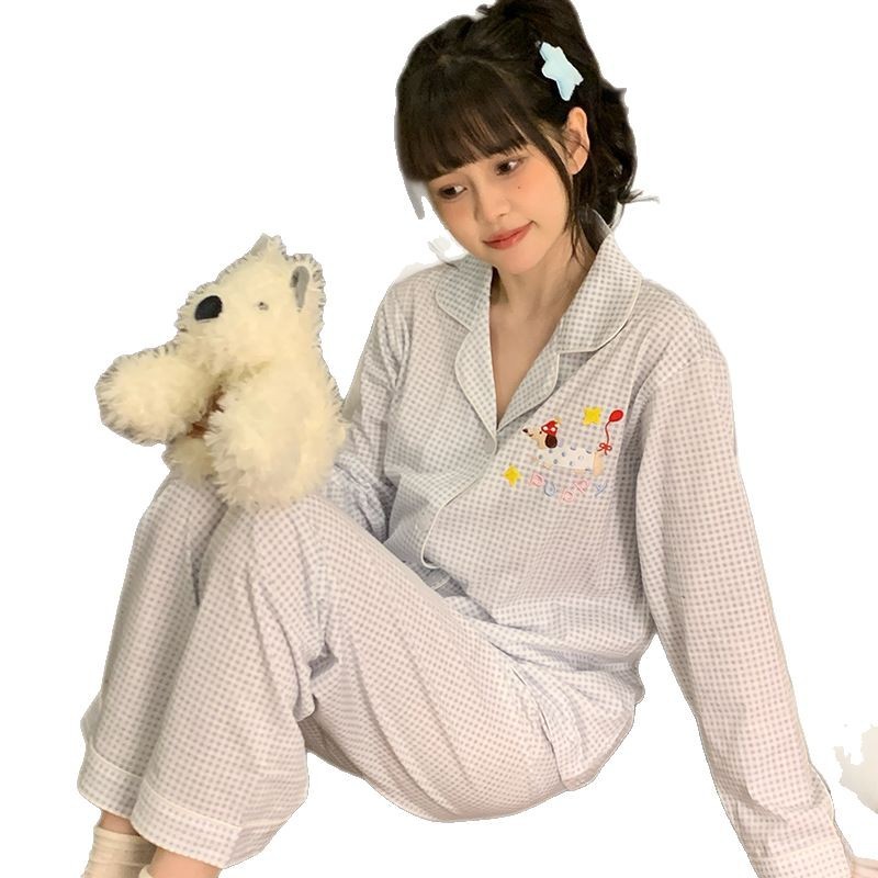 Pajamas de algodón coreano de primavera y otoño de mujeres pantalones de manga larga lindo perro salchicha estudiantes de dibujos animados simple cardigans ropa para el hogar