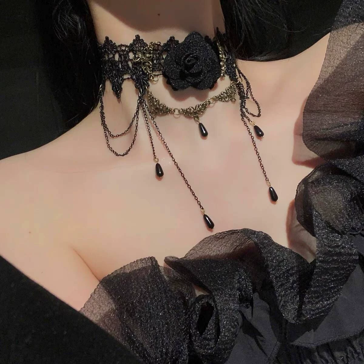 Black accessory, necklace with tassels, pendant, choker, floral print