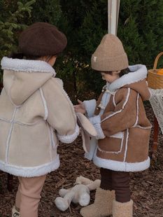 Wheat Field Season Children's Suede Composite Lambswool Thickened Cotton Coat 2023 Winter Hooded Coat for Boys and Girls