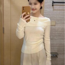 纯欲蓝色一字肩针织衫长袖女秋冬季感修身毛衣内搭打底衫上衣