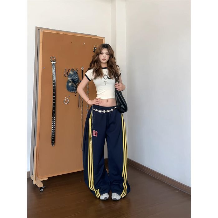 美式复古三条杠运动裤女2025新款宽松高腰阔腿裤垂感拖地休闲裤子|undefined