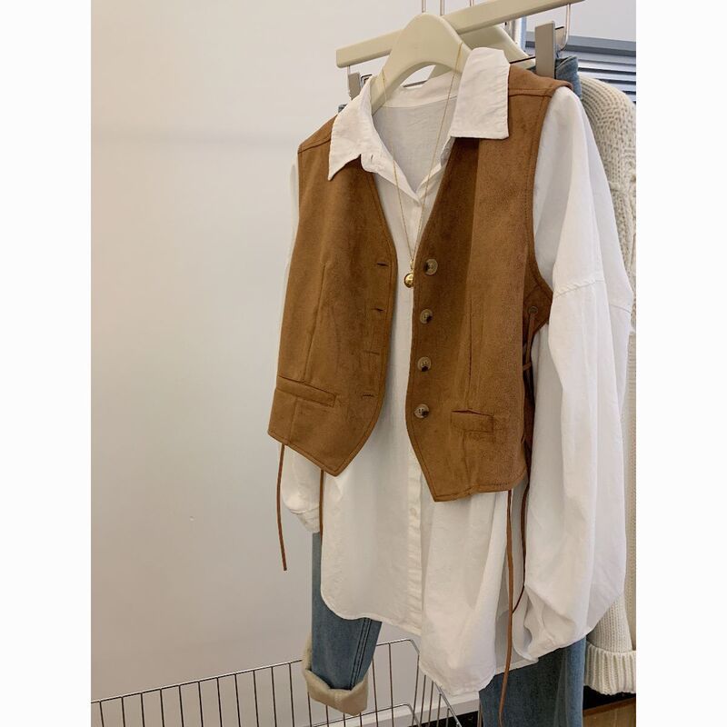 2025 New Maillard Style Lace-Up Suede Vest for Women with Niche Design Short V-Neck Vest