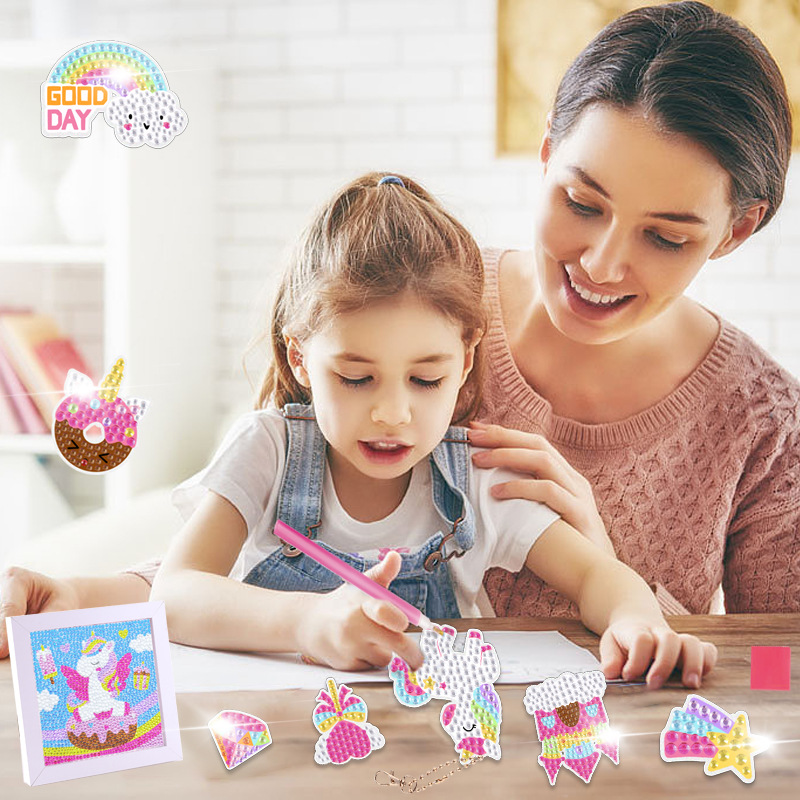 Pintura de Diamantes Popular Transfronteriza con Marco, Llavero de Pintura de Diamantes DIY para Niños, Juego de Caja de Colores para Pintura de Diamantes