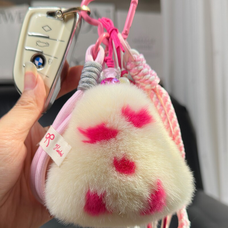 Rabbit Fur Cheese Keychain Pendant Cute Plush Woven Rope Wrist Strap Soft Adorable Backpack Decoration Gift