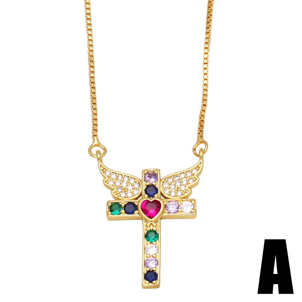 Fashion Micro Inlaid Colorful Zircon Cross Wings  Pendant Female Copper Necklace display picture 3