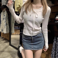 2025新款韩系甜美辣妹圆领系带正肩显瘦薄款针织衫打底衫女上衣潮