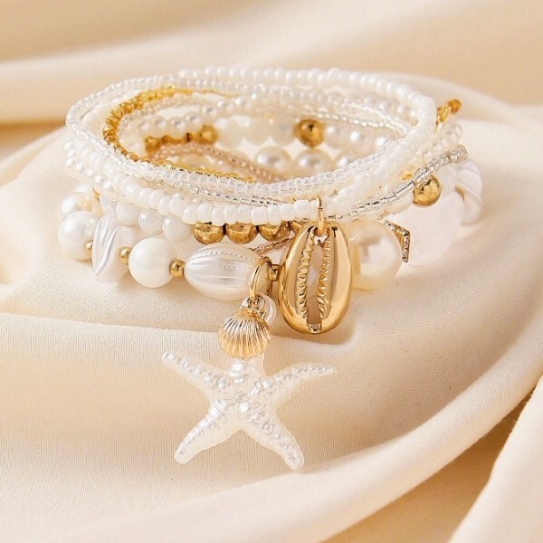 New European and American Cross-Border Beach Shell and Starfish Bracelet and Anklet Set, Ocean-Style Pearl Jewelry, Fashionable and Versatile New European and American Cross-Border Beach Shell and Starfish Bracelet and Anklet Set, Ocean-Style Pearl Jewelry, Fashionable and Versatile