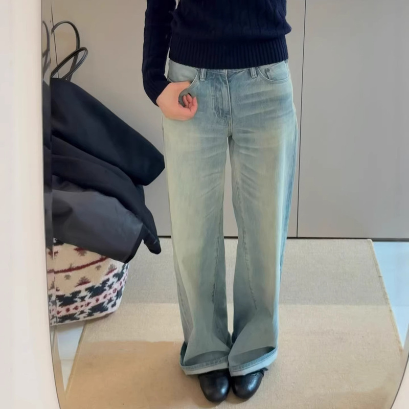 New Versatile Light Blue Drapey Trousers 005L Low-Waist Straight Retro Distressed Washed Jeans for Women 6000