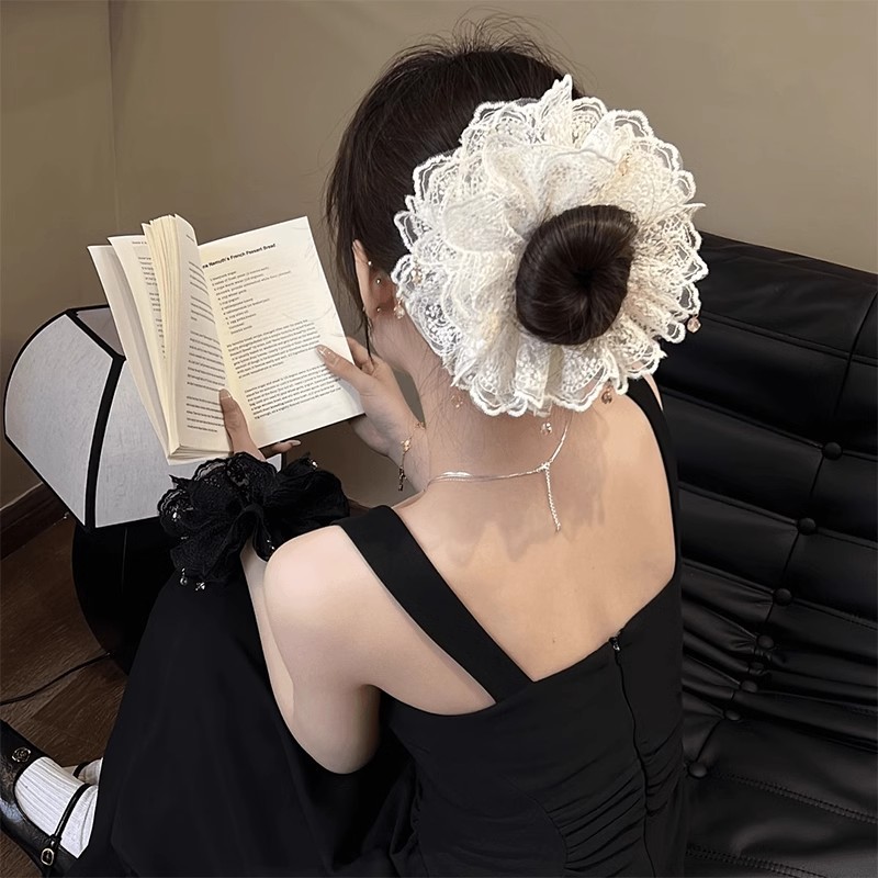 Serie de lazo para el cabello de intestino grueso de encaje blanco, cuerda para la cabeza de alta calidad de primavera y verano de gran tamaño, bola en la parte posterior de la cabeza, tocado de cuerda para el cabello