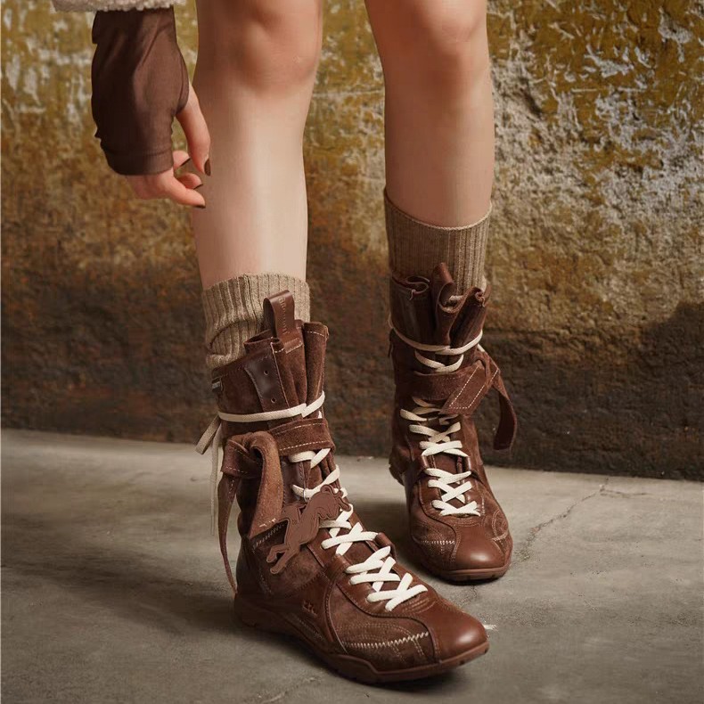 Cowhide Version ~ Flats-Soled Inner Heightening Boots for Women 2025 New Boxing Boots Nubuck Leather Lace-Up Short Boots Moral Training Boots