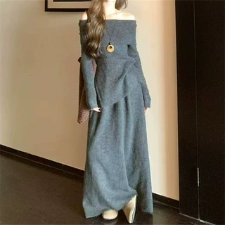 跨境外贸时尚一字领毛衣半身裙两件套女秋冬新款纯欲显瘦针织套装