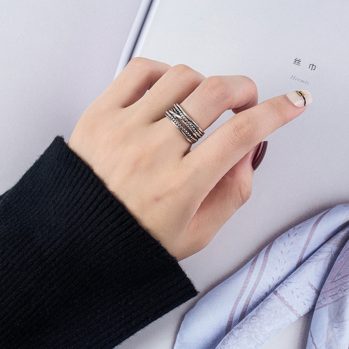 Braided twisted rope ring, retro imitation Thai silver, old men's and women's creative personalized copper coin open ring