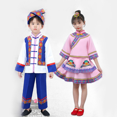 Girls chinese folk dance dress miao hmong performance costumes for kids Zhuang uniforms Naxi Lisu performance dresses 56 ethnic minority costumes