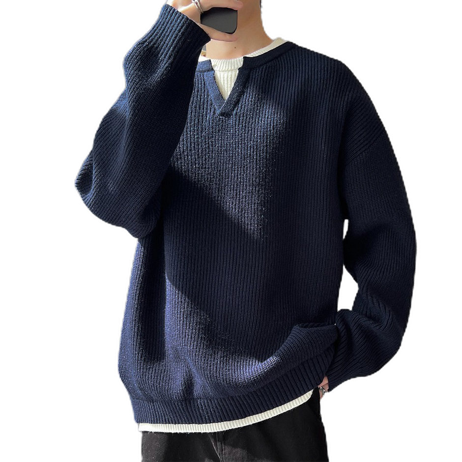 Explosiones transfronterizas de tamaño grande europeo falso dos piezas de costura camiseta de punto suéter hombre cuello V viejo viento otoño invierno fábrica al por mayor