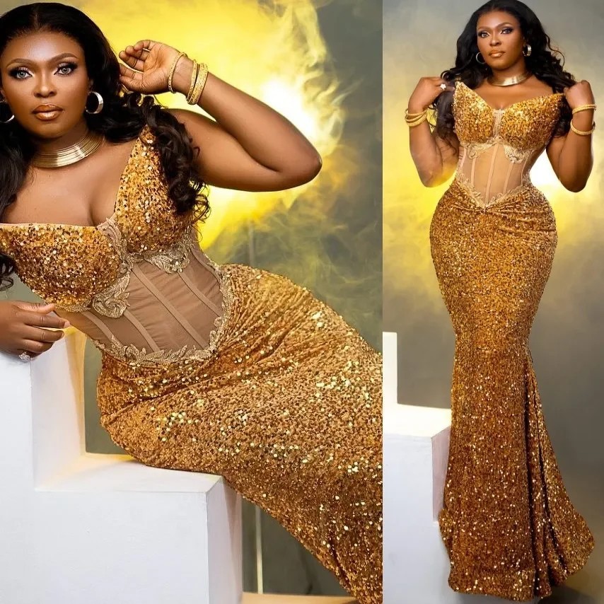 Goddess-Style European and American Cross-Border Red Carpet Dress with Gold Sequins and Beading, Three-Dimensional V-Neck, Slim-Fit Mermaid Singer Performance Costume