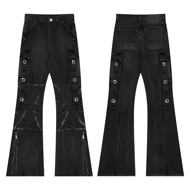 Y2K Gothic High Street Niche Ins Style Distressed Raw Hem Pocket Zipper Jeans for Men and Women